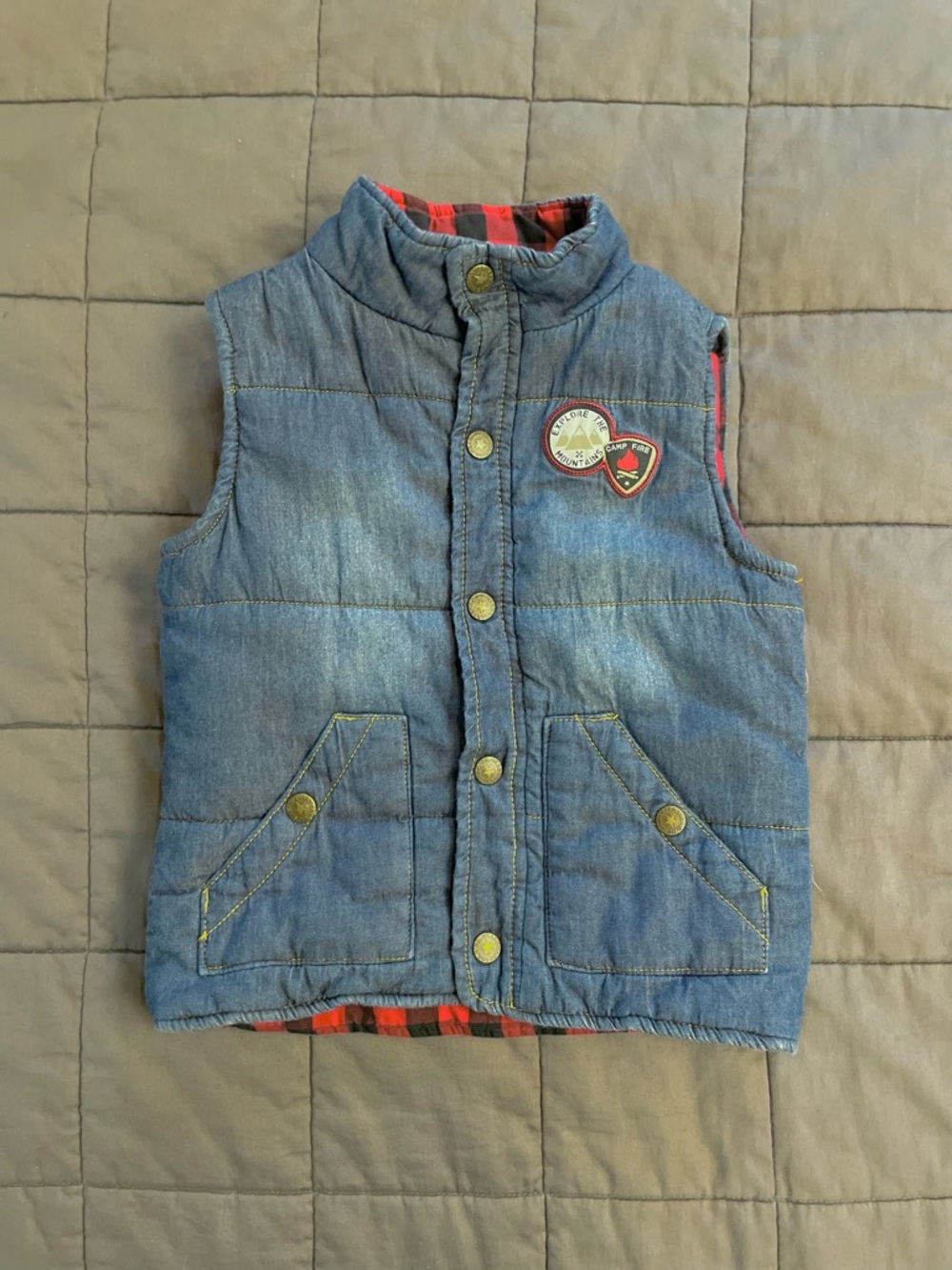 Chambray Quilted Vest with Badge Accents